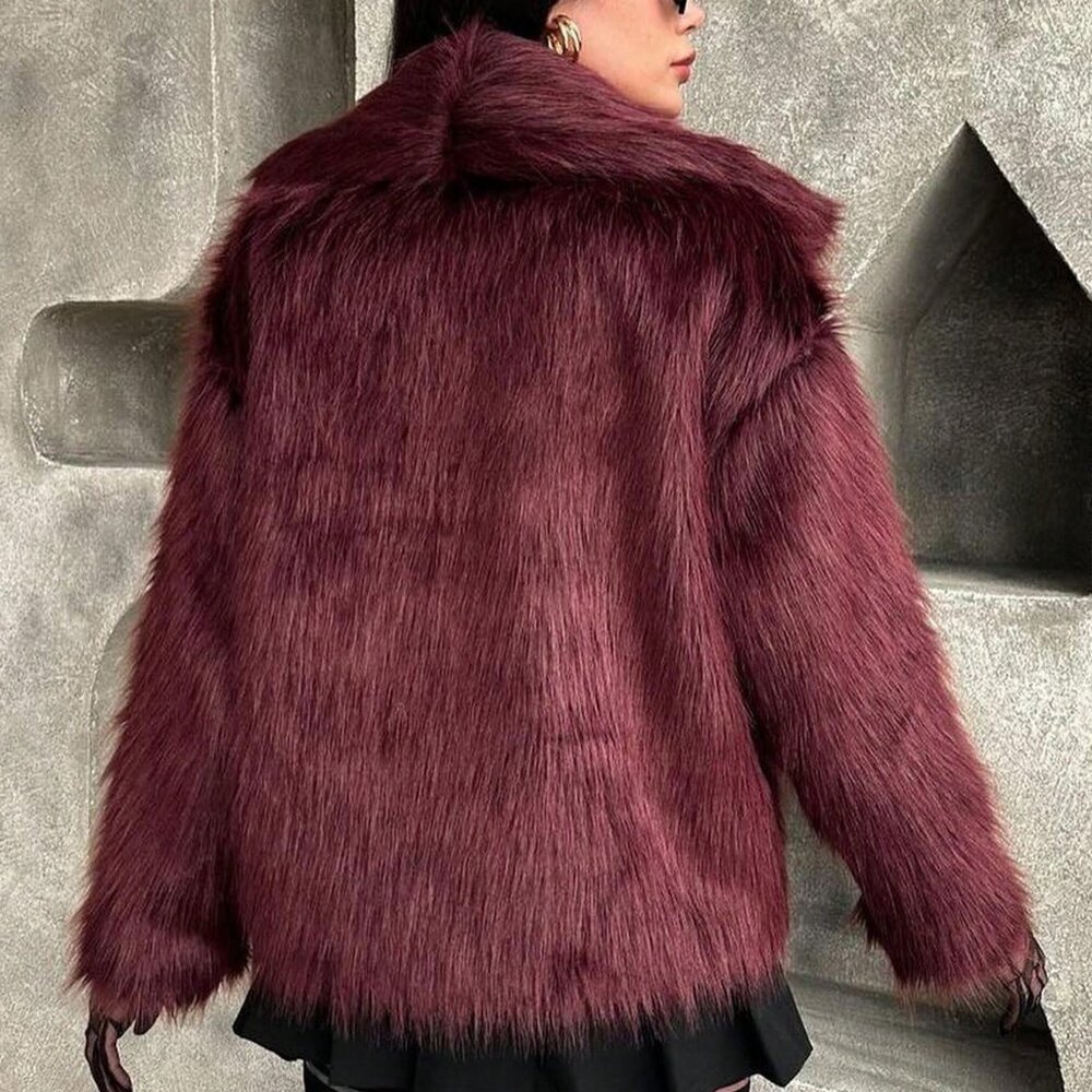 Burgundy Casual Women's Ladies Luxury Coat Warm Fluffy faux fur Coat - Picture 2 of 8